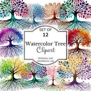 Watercolor Tree with Roots Clipart, Forest Tree Scrapbooking Clipart Set, Family Tree PNG Bundle, Nature Seasonal Tree Sublimation Png Desig