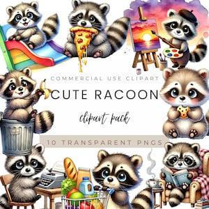 Bundle de cliparts raton laveur PNG pour un usage commercial, travaux manuels numériques animaux mignons, sublimation et autocollants, téléchargement immédiat