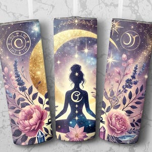 May include: Three stainless steel tumblers with a moon, stars, and floral design. The tumblers feature a silhouette of a person meditating with a crescent moon behind them. The design is in shades of purple, pink, and gold.