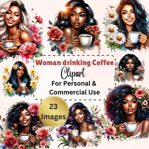 アフリカ系アメリカ人女性とコーヒーのクリップアート、黒人女性のコーヒーのクリップアート、スタイリッシュなアフリカ系アメリカ人アート - コーヒー愛好家 PNG