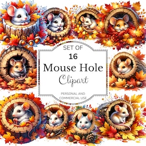 Mouse Hole Clipart Set, Nature Mice in Holes Watercolor clipart, Cottagecore Mouse Sublimation PNG, Cozy Animal Mouse Digital download
