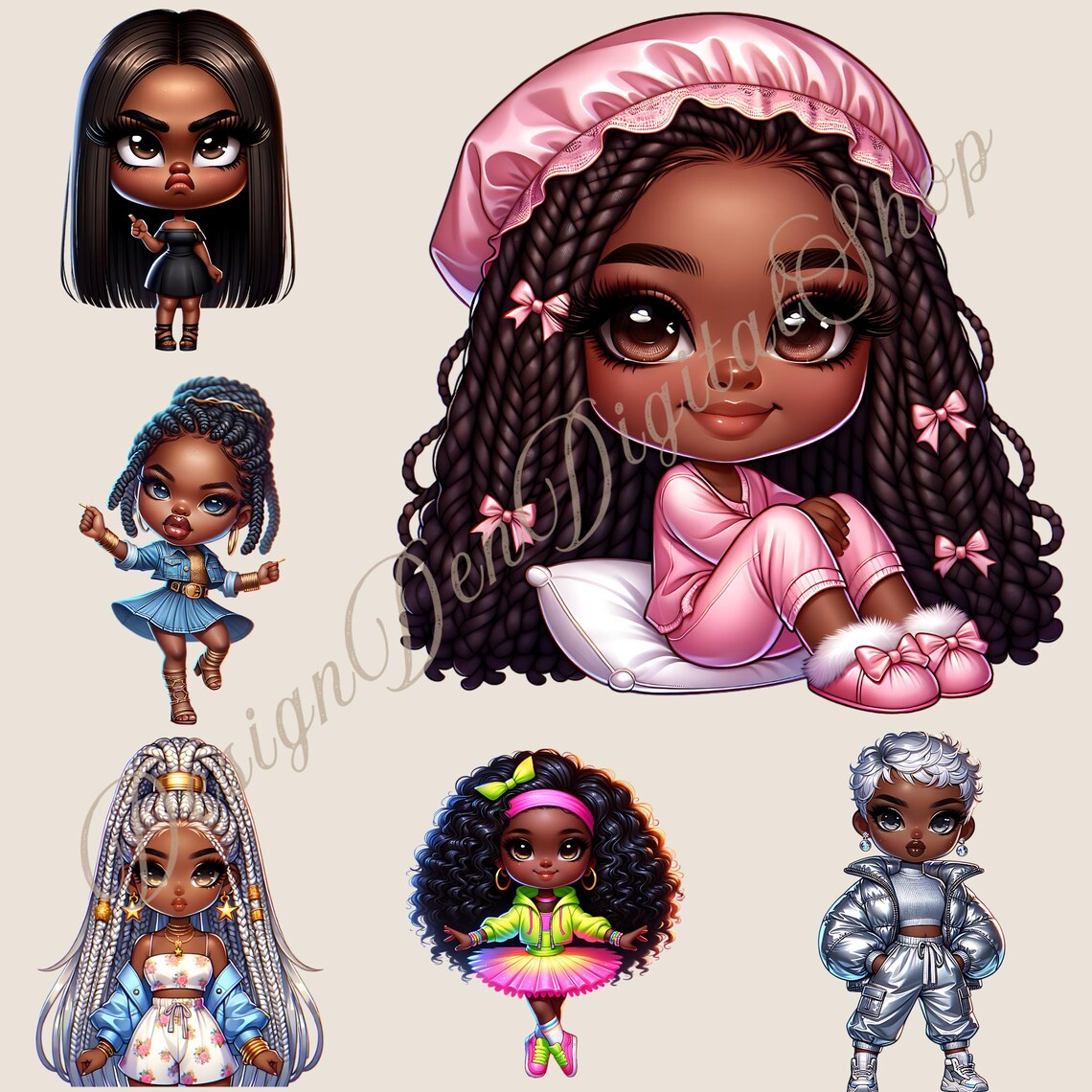 Black Chibi Girl Clipart PNG Bundle, Afro Girl Digital Stickers, Cute ...