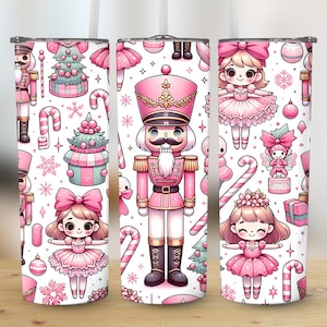 Emballage pour gobelet Casse-Noisette rose • Gobelet fin ballerine de Noël PNG • Sublimation pour les fêtes de fin d&#39;année • Emballage pour gobelet 20 oz