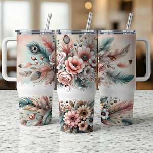 Pastel Flower Wrap for 40oz Tumbler | Boho Floral PNG Design & Feather Sublimation Downloads