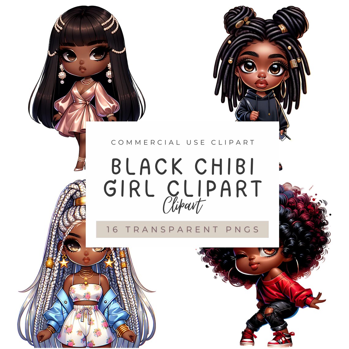 Black Chibi Girl Clipart PNG Bundle, Afro Girl Digital Stickers, Cute ...