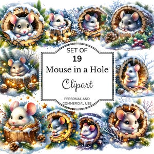 Mouse Hole Clipart Set, Nature Mice in Holes Watercolor clipart, CWintercore Mouse Sublimation PNGS, Cozy Animal Mouse Digital download