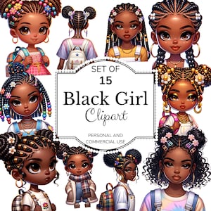 May include: A digital art set of 15 Black Girl Clipart images. The illustrations feature diverse hairstyles, accessories, and outfits. The text on the image reads "Set of 15 Black Girl Clipart" and "Personal and Commercial Use".