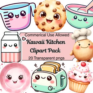 Kawaii keukenclipart: leuke grillige kook- en bakhulpmiddelen, leuke voedselafbeeldingen voor keukendecor en ambachtelijke projecten