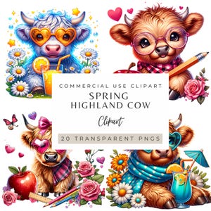 Watercolor Spring Highland Cow Clipart Set – Easter Sublimation Bundle, Cute Farm Animals Digital Download