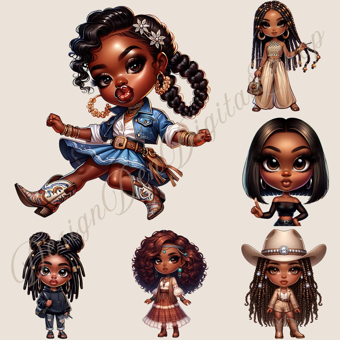 Black Chibi Girl Clipart PNG Bundle, Afro Girl Digital Stickers, Cute ...