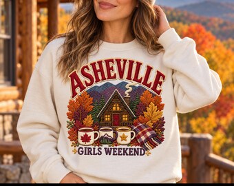 Viaje de chicas a Asheville PNG / Diseño de cabaña con bordado falso / Fin de semana de chicas en la montaña en otoño / PNG digital