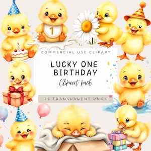 Lucky One Birthday Clipart, Fun Duck Illustration for Kids, Printable Art for Celebrations, Instant Download, Digital Art for Invitations