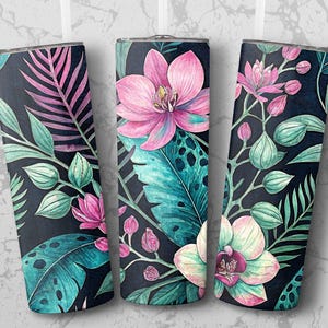 Tropical Flowers Tumbler Wrap Png - 20oz Skinny Tumbler Sublimation Design, Floral Digital Download for Tumblers