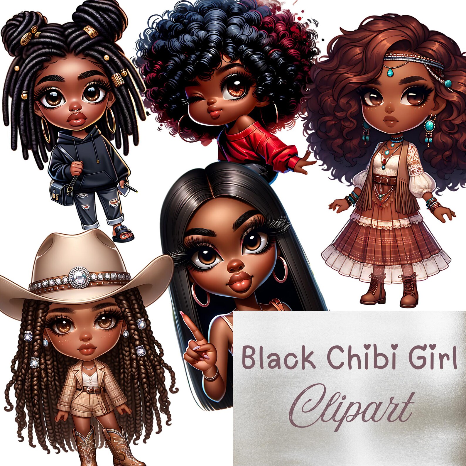 Black Chibi Girl Clipart PNG Bundle, Afro Girl Digital Stickers, Cute ...