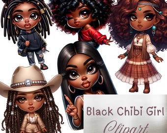 Black Chibi Girl Clipart PNG Bundle, Afro Girl Digital Stickers, Cute Kawaii Black Girl Art, Diverse Clip Art for Cricut Projects