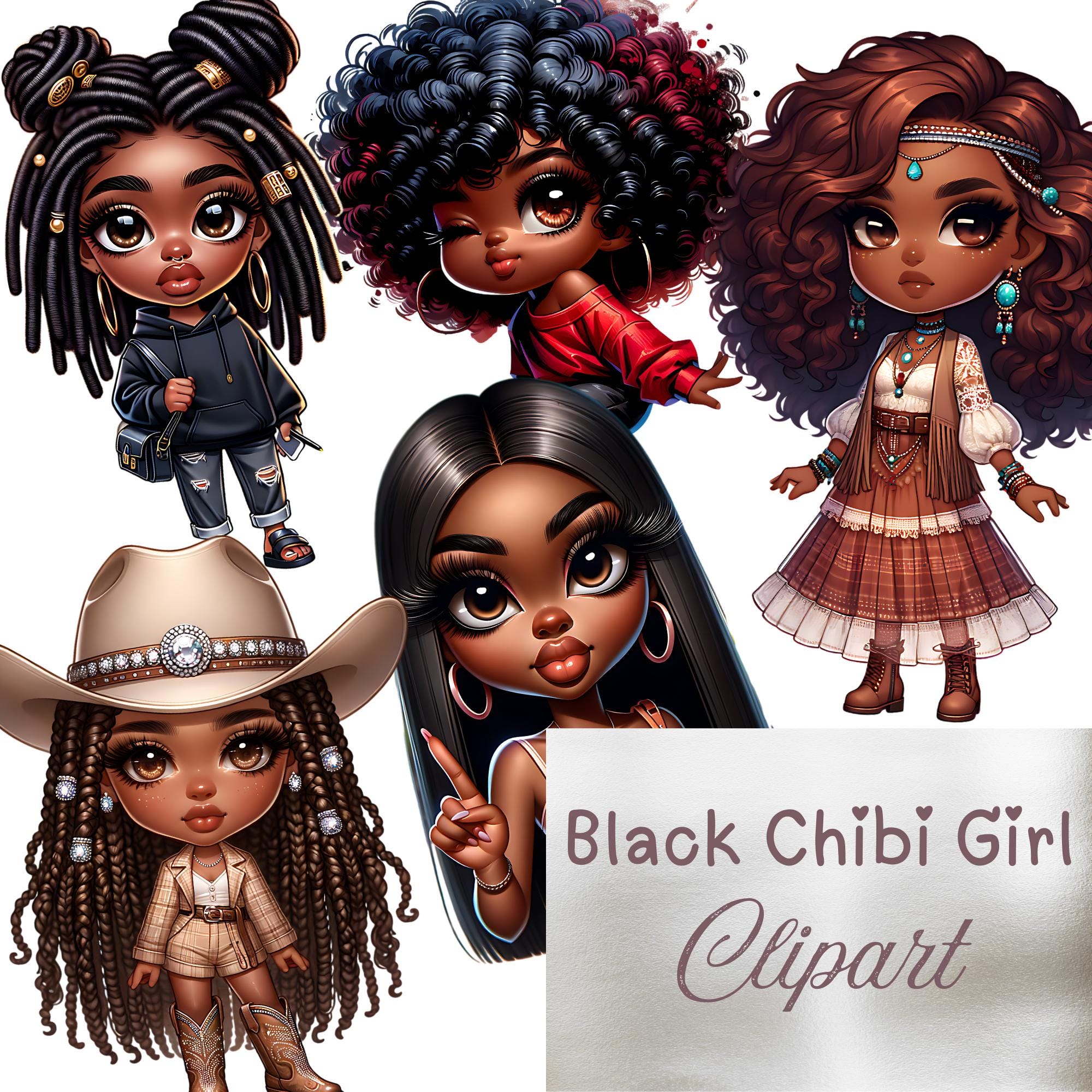 Black Chibi Girl Clipart PNG Bundle, Afro Girl Digital Stickers, Cute ...