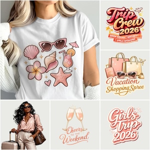 May include: White t-shirt featuring a collection of pink beach-themed illustrations, including seashells, sunglasses, a cocktail, and a starfish. Additional graphics include text that reads "Trip Crew 2026" and "Vacation Shopping Spree".
