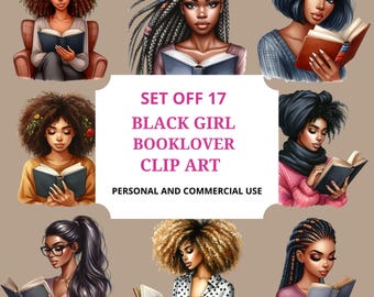 Clipart di ragazza nera che legge - PNG amante dei libri, download digitale