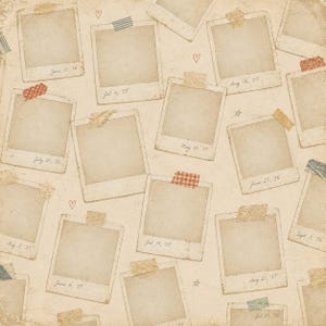 May include: A vintage-style background featuring numerous blank polaroid-style photo frames. The frames are affixed with decorative tape and scattered across a cream-colored surface. Handwritten dates and small heart and star doodles are also present.