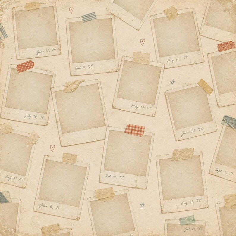 May include: A vintage-style background featuring numerous blank polaroid-style photo frames. The frames are affixed with decorative tape and scattered across a cream-colored surface. Handwritten dates and small heart and star doodles are also present.