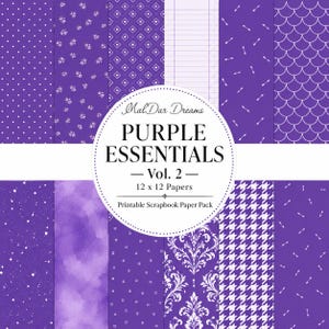 May include: A collection of twelve purple and white digital scrapbook papers featuring patterns like polka dots, floral prints, geometric shapes, stripes, arrows, scales, watercolour textures, and houndstooth. The text reads MalDar Dreams PURPLE ESSENTIALS Vol. 2 12 x 12 Papers Printable Scrapbook Paper Pack.