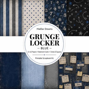 Kit de álbum de recortes Grunge Locker Azul / Papeles de 12x12, Kit de álbum de recortes escolar, Papeles para álbum de recortes de niño, Kit de diario creativo imprimible, Tema escolar