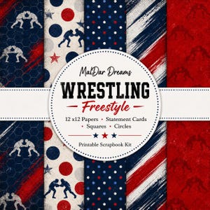 May include: A printable scrapbook kit with a wrestling theme. The design features patterns in red, white, and blue, including polka dots, stripes, and wrestling figures. The kit includes 30.5 x 30.5 cm papers, statement cards, squares, and circles.