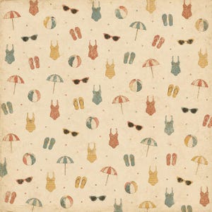 May include: A repeating pattern of beach-themed illustrations on a beige background. The design includes red, yellow, and blue swimsuits, sunglasses, beach balls, flip-flops, and umbrellas. The overall aesthetic is vintage and evokes a summer theme.
