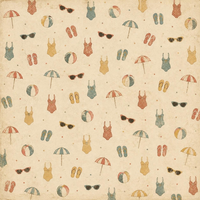 May include: A repeating pattern of beach-themed illustrations on a beige background. The design includes red, yellow, and blue swimsuits, sunglasses, beach balls, flip-flops, and umbrellas. The overall aesthetic is vintage and evokes a summer theme.
