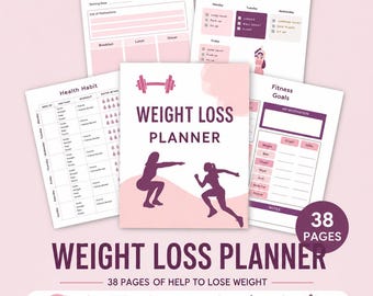 May include: A weight loss planner with a pink and white design. The cover features silhouettes of people exercising. The planner includes sections for diet, workouts, and fitness goals. The text reads "Weight Loss Planner" and "38 Pages".