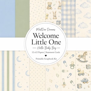May include: A digital scrapbook kit featuring various patterns in soft blue, green, and cream tones. Designs include teddy bears, rabbits, ducks, clouds, moons, stars, stripes, and baby items. Text reads MalDar Dreams Welcome Little One Hello Baby Boy.