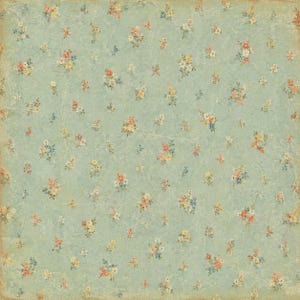 May include: A vintage-style floral pattern on a light blue background. The design features small clusters of flowers in shades of pink, yellow, blue, and white, creating a delicate and aged aesthetic. The paper has a distressed look.