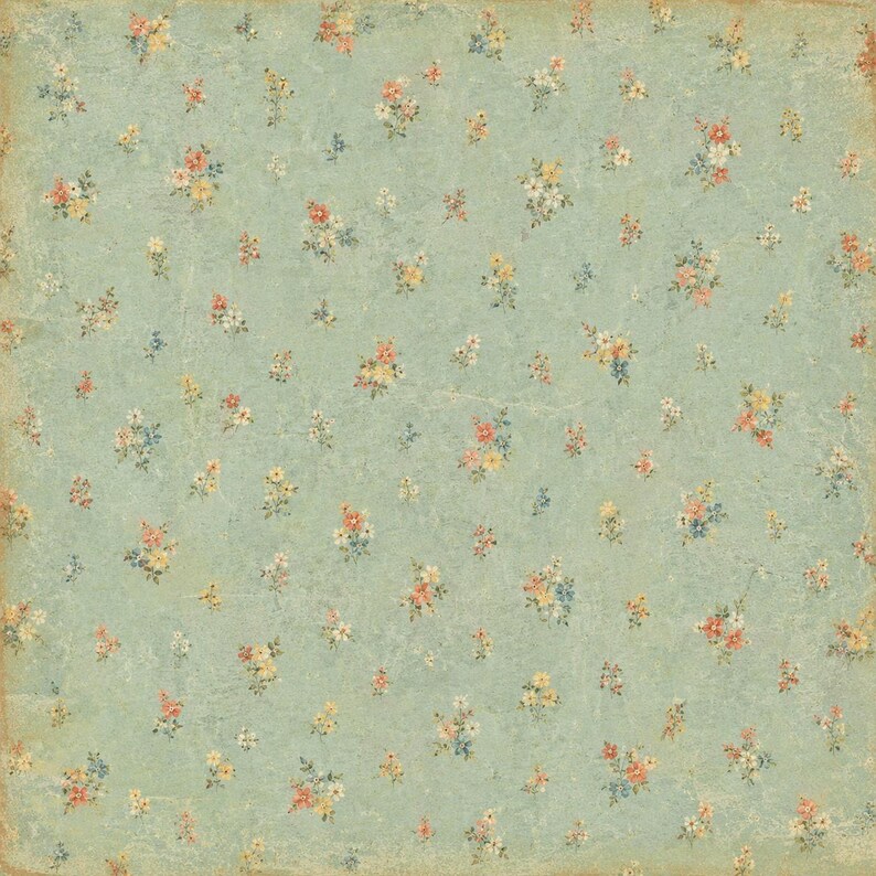 May include: A vintage-style floral pattern on a light blue background. The design features small clusters of flowers in shades of pink, yellow, blue, and white, creating a delicate and aged aesthetic. The paper has a distressed look.