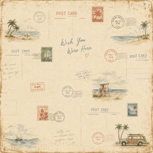 May include: Vintage-style postcard collage with beach scenes, palm trees, and stamps. The text "Wish You Were Here" is featured, along with various locations and dates. The overall design evokes a sense of nostalgia and travel.
