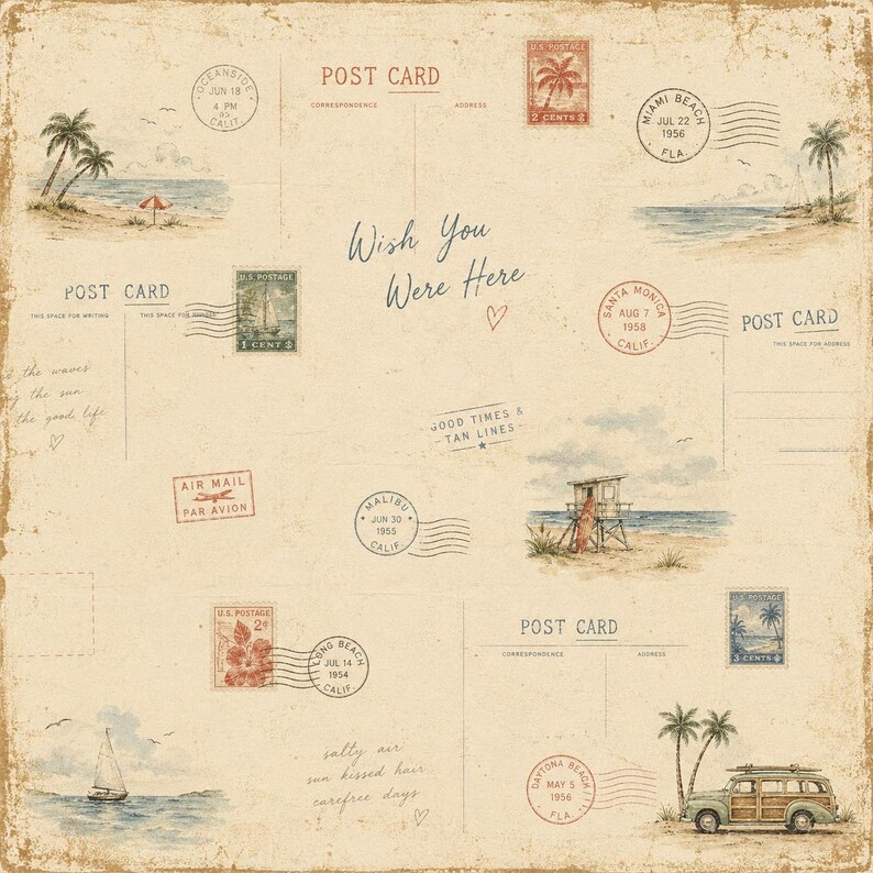 May include: Vintage-style postcard collage with beach scenes, palm trees, and stamps. The text "Wish You Were Here" is featured, along with various locations and dates. The overall design evokes a sense of nostalgia and travel.