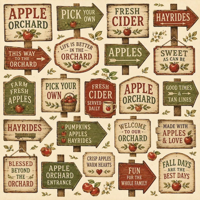 May include: A collection of rectangular, arrow-shaped, and arched wooden signs featuring rustic illustrations of red apples, green leaves, and text including Apple Orchard, Pick Your Own, Fresh Cider, Hayrides, and other seasonal farm phrases.