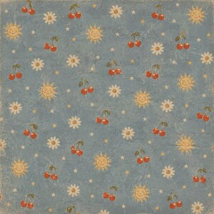 May include: A repeating pattern on a light blue background featuring red cherries, smiling yellow suns, white daisies, and small yellow stars. The design has a vintage, slightly distressed look.