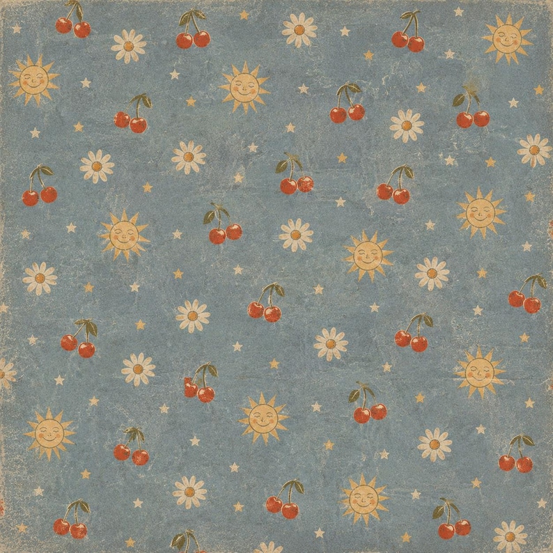 May include: A repeating pattern on a light blue background featuring red cherries, smiling yellow suns, white daisies, and small yellow stars. The design has a vintage, slightly distressed look.