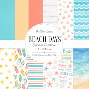 Puede incluir: Un paquete de papel para álbumes de recortes digital titulado Beach Days Summer Memories 12 x 12 Papers de MalDar Dreams. La colección presenta patrones de conchas, estrellas de mar, chanclas, soles, rayas horizontales y olas de acuarela.