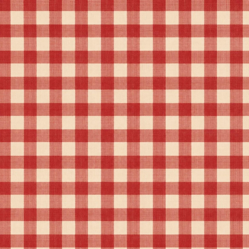 May include: A fabric featuring a classic gingham pattern with a repeating grid of solid red squares alternating with solid off-white squares. The textile displays a visible woven texture throughout the surface, creating a consistent checkerboard design.