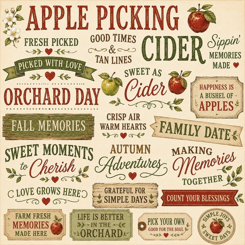May include: A decorative sheet featuring various autumn-themed phrases and illustrations, including red and green apples, apple blossoms, wooden signs, and banners. Text includes Apple Picking, Cider, Orchard Day, Fall Memories, and Family Date.