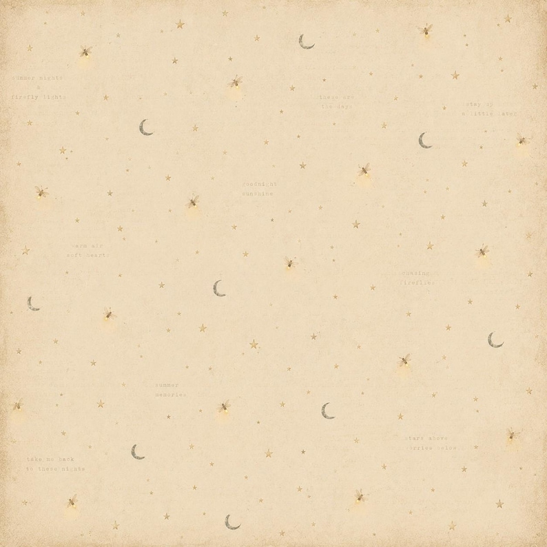May include: A cream-colored background with a repeating pattern of stars, crescent moons, and fireflies. The image has handwritten text scattered throughout. The overall theme is whimsical and evokes a sense of nighttime.