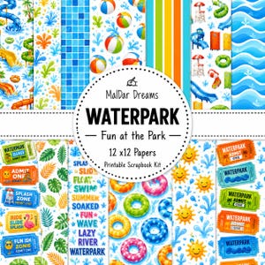 Afdrukbaar plakboekpakket waterpark | 12 x 12 digitaal papier | Zomerglijbanen, splashzone, poolparty, vakantie-scrapbookpapier