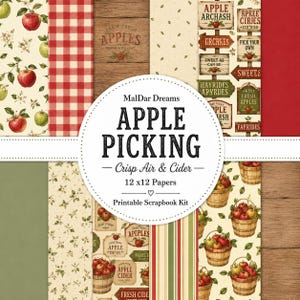 May include: A digital scrapbook kit featuring 12x12 inch papers with apple-themed patterns, including red and white gingham, wood grain textures, apple illustrations, baskets of apples, and signs with text like Apple Picking and Farm Fresh.
