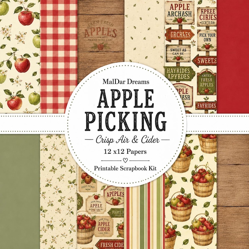 May include: A digital scrapbook kit featuring 12x12 inch papers with apple-themed patterns, including red and white gingham, wood grain textures, apple illustrations, baskets of apples, and signs with text like Apple Picking and Farm Fresh.