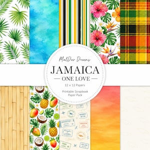 May include: A digital scrapbook paper pack titled MalDar Dreams JAMAICA ONE LOVE 12 x 12 Papers. The collection features ten distinct patterns including palm leaves, watercolour blue, striped green and yellow, tropical flowers, plaid, bamboo, fruit, travel stamps, orange gradient, and a subtle map outline.