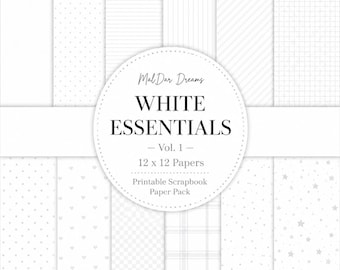 White Essentials Vol 1 Digital Scrapbook Paper Pack | 12 Seamless White Backgrounds | Polka Dots, Stripes, Plaid, Stars, Hearts