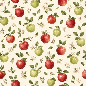 May include: A repeating pattern on a cream background featuring red and green apples with stems, green leaves, and small white apple blossoms. The illustration style is detailed and botanical, showing various apples in different stages of ripeness.