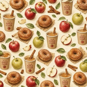 May include: A repeating pattern featuring brown paper cups labeled Fresh Apple Cider with cinnamon sticks, sugar-coated donuts on parchment paper, whole red and green apples, apple slices, and green leaves on a light beige background.