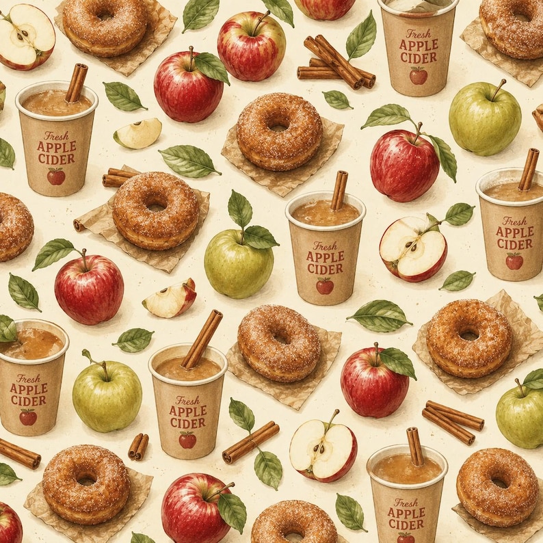 May include: A repeating pattern featuring brown paper cups labeled Fresh Apple Cider with cinnamon sticks, sugar-coated donuts on parchment paper, whole red and green apples, apple slices, and green leaves on a light beige background.